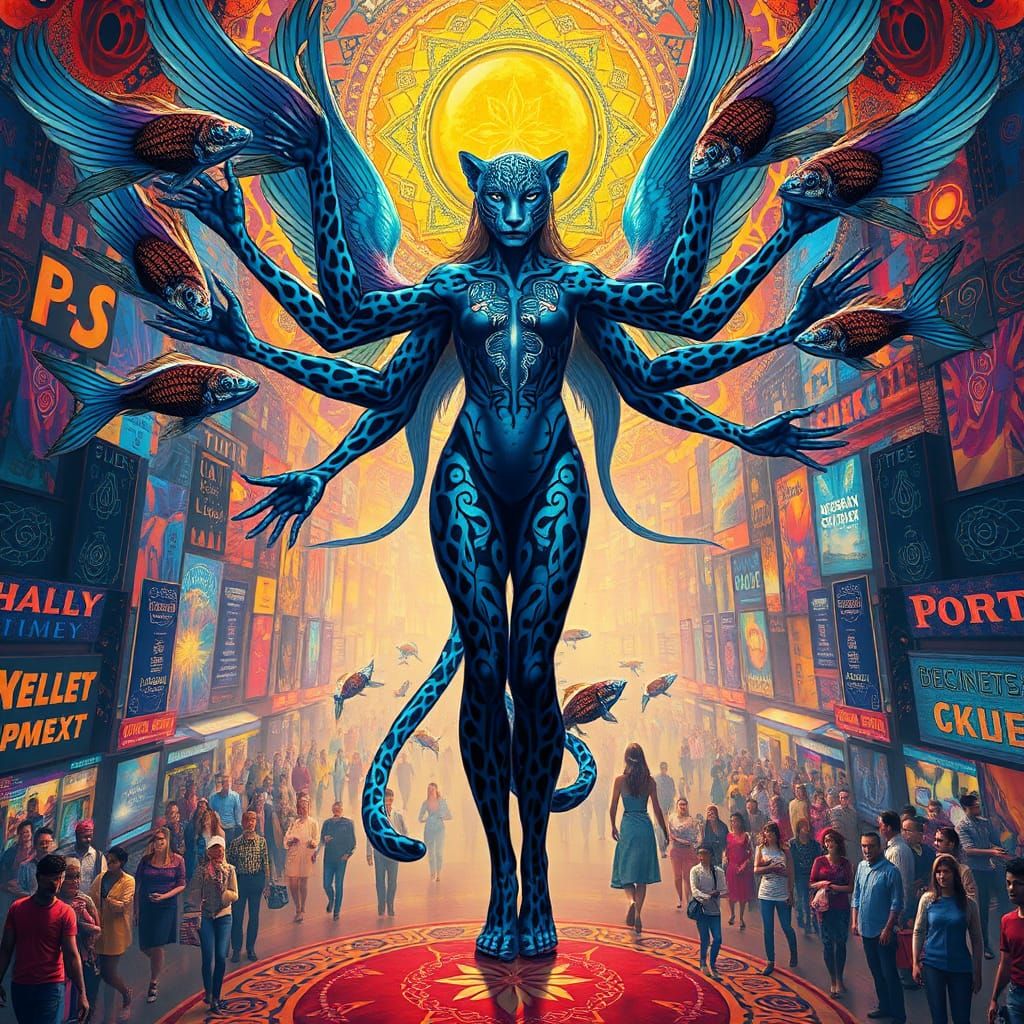 Blue Leopard Woman in Kaleidoscopic Universe