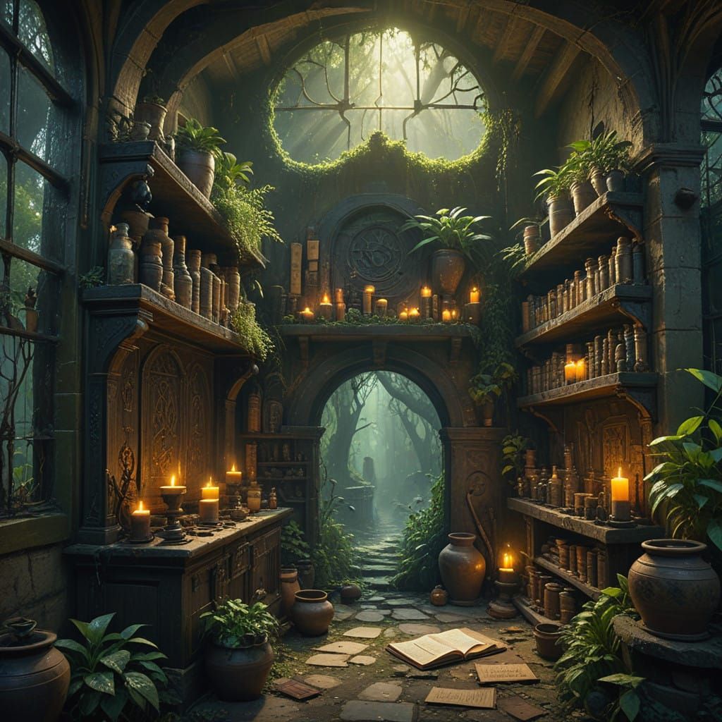 Whimsical Apothecary Sanctuary with Ancient Tomes and Mystic...