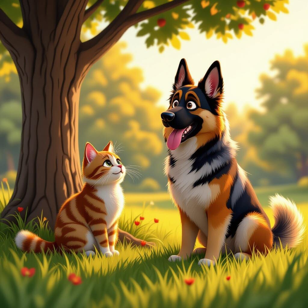 German Shepherd Watches Cat in Tree, 3D Pixar Style