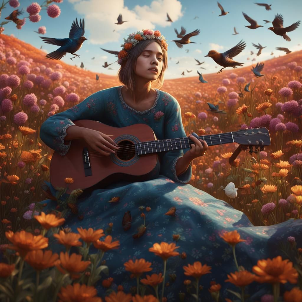 Girl in Prairie Singing to Birds, Digital Art