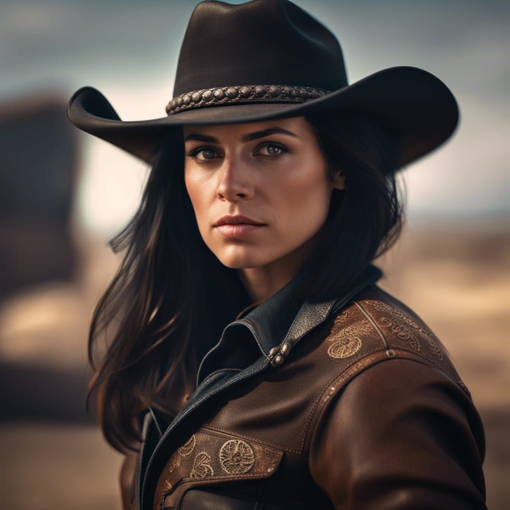 Dark-Haired Cowgirl Portrait in Hyperrealistic Style