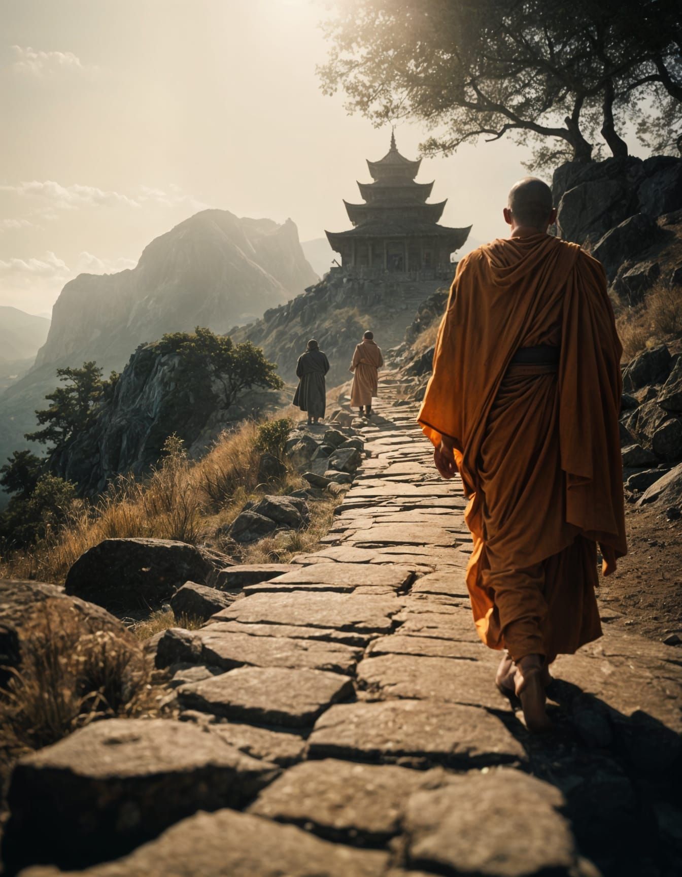Monks Ascend Mountain Temple Path: Cinematic Film Still