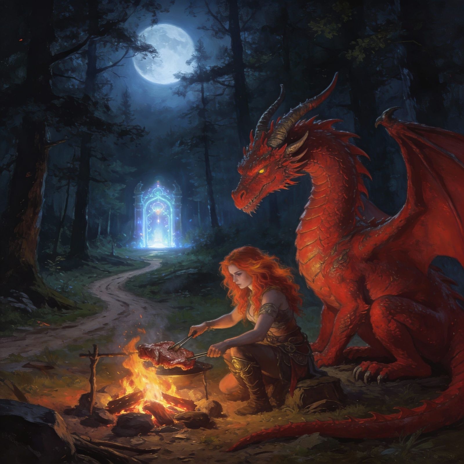 Warrior Woman and Dragon by Campfire in Moonlit Forest