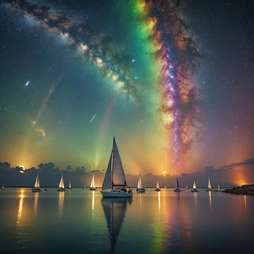 Sailboats on Rainbow Sea with Angels
