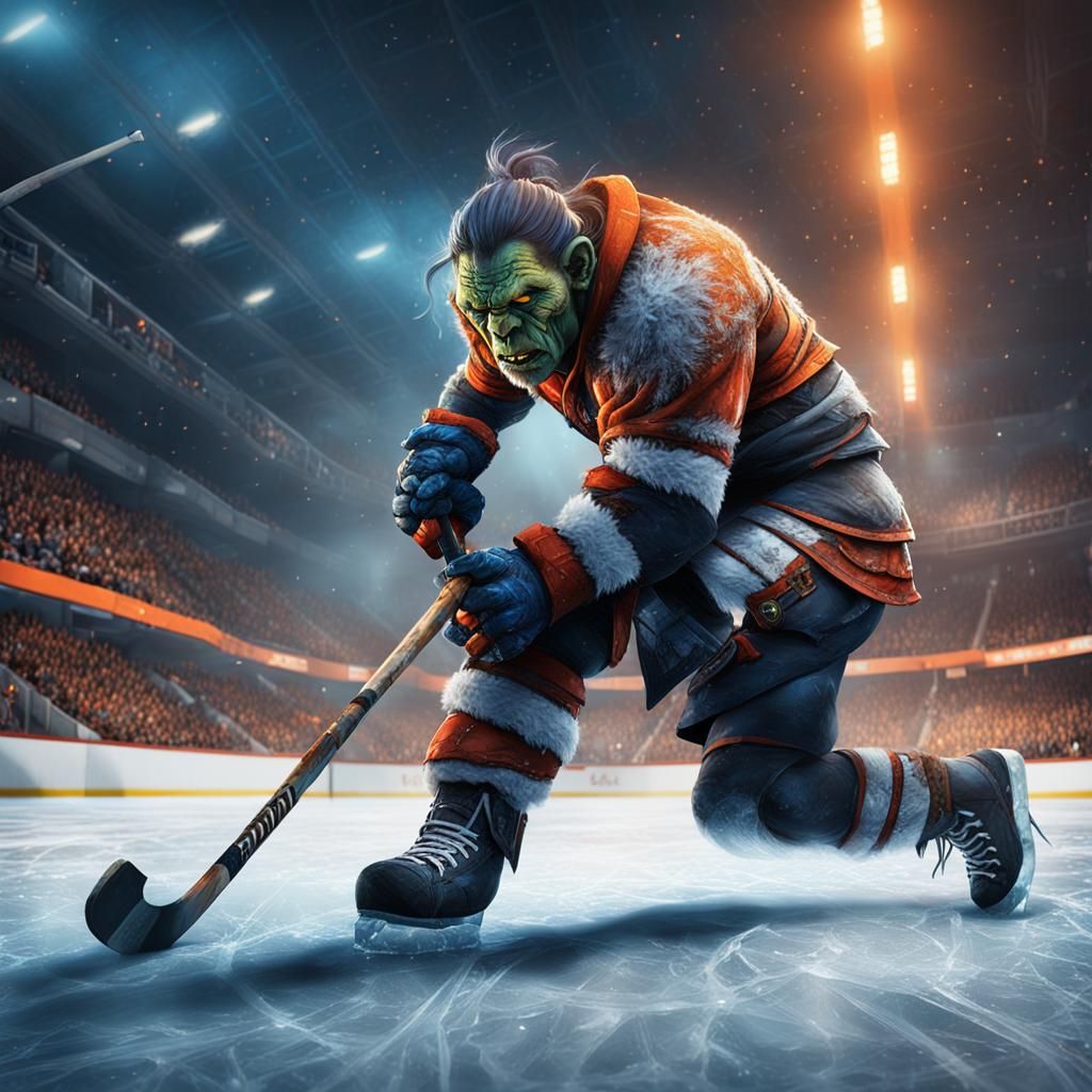Fierce Orc Female Plays Hockey on Ice