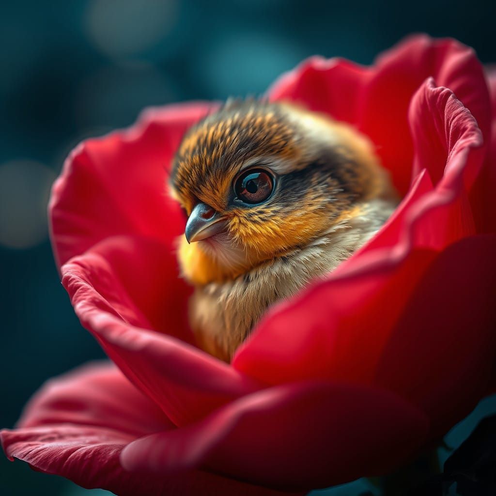 Sweet Child in Blue Rose: Hyperrealistic Bird Portrait