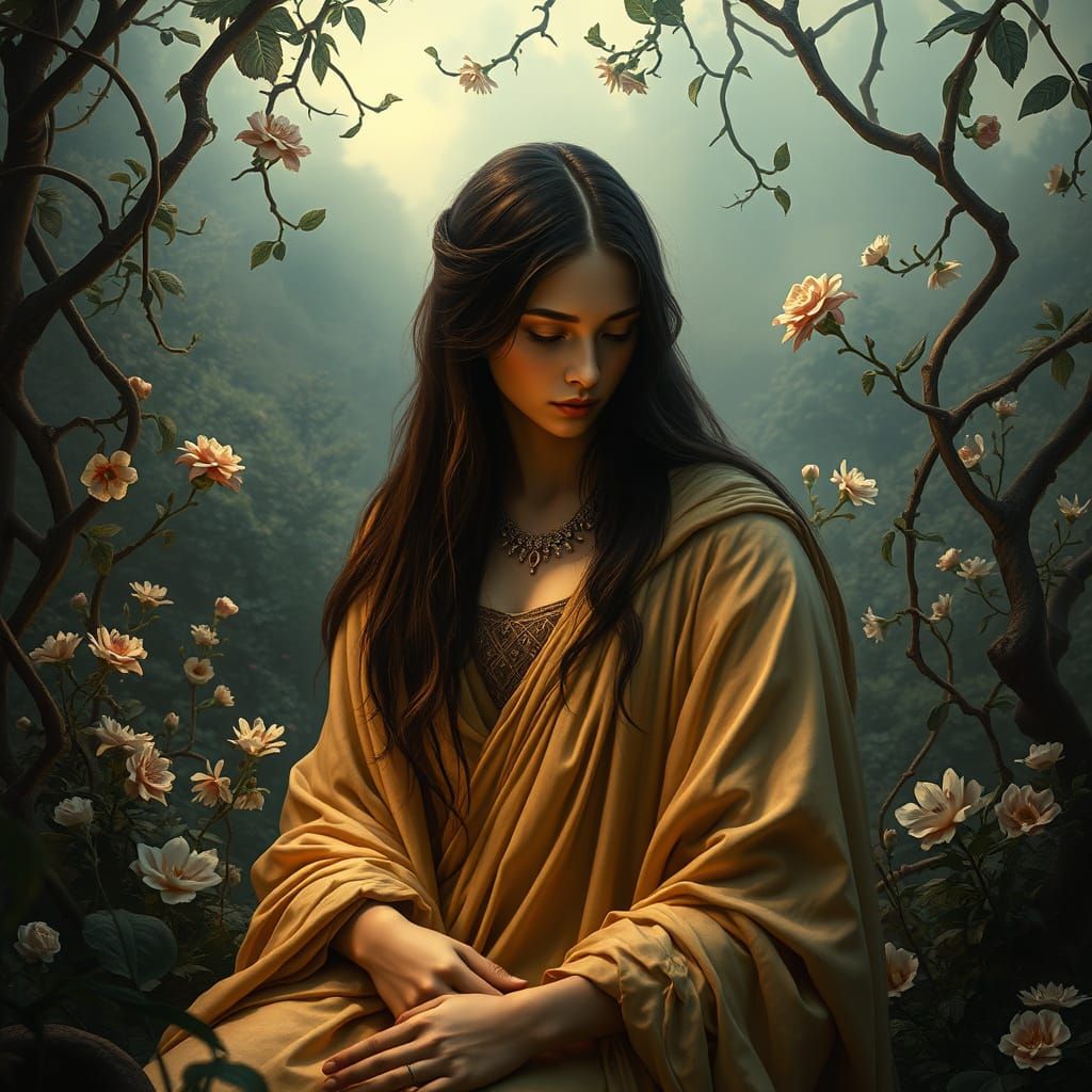 Renaissance Figure Lost in Contemplation amidst Lush Garden ...