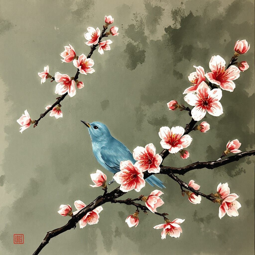 Expressionist Cherry Blossom Bird with Calligraphy Art
