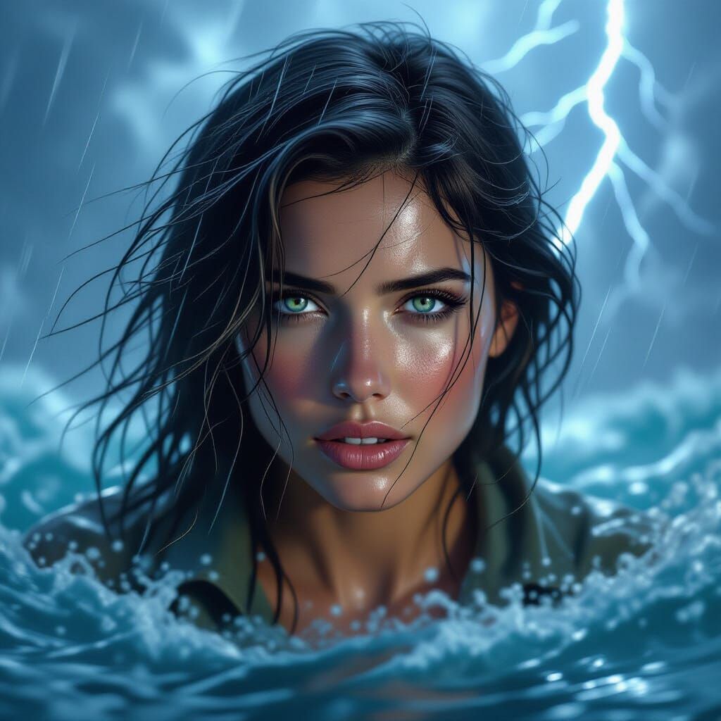 Ethereal Woman Emerges from Storm in Hyperrealism