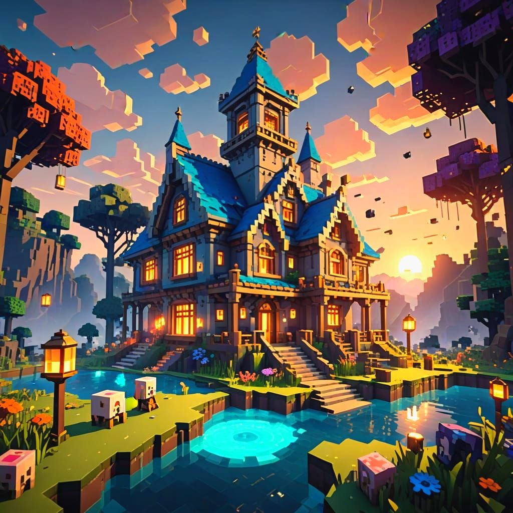 Epic Minecraft Mansion in Vibrant Sunset Style