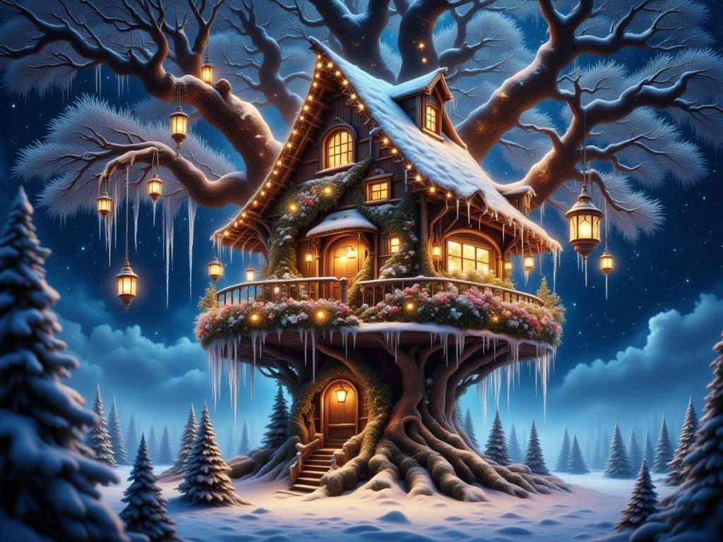 Hyperrealistic Fairy Treehouse in Winter Wonderland