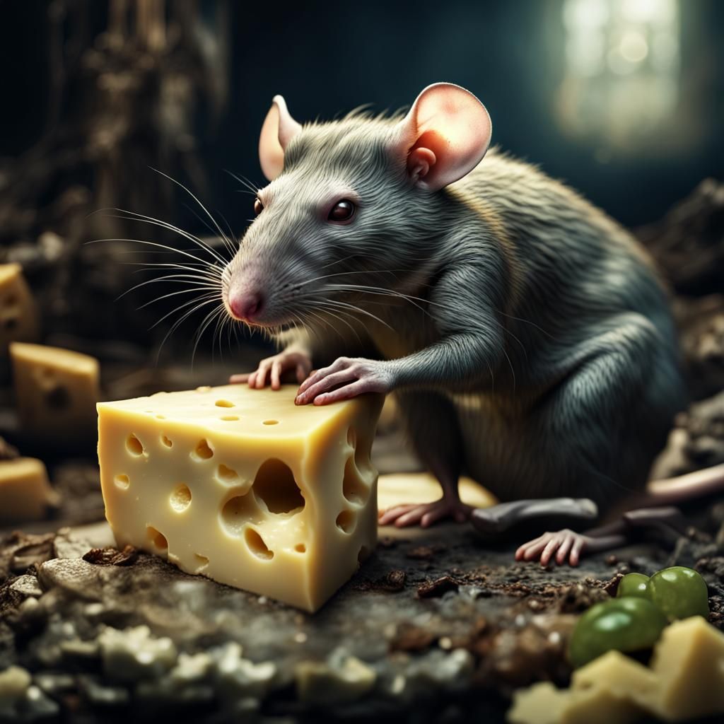 A large ugly rat gnawing on a piece of moldy old cheese.