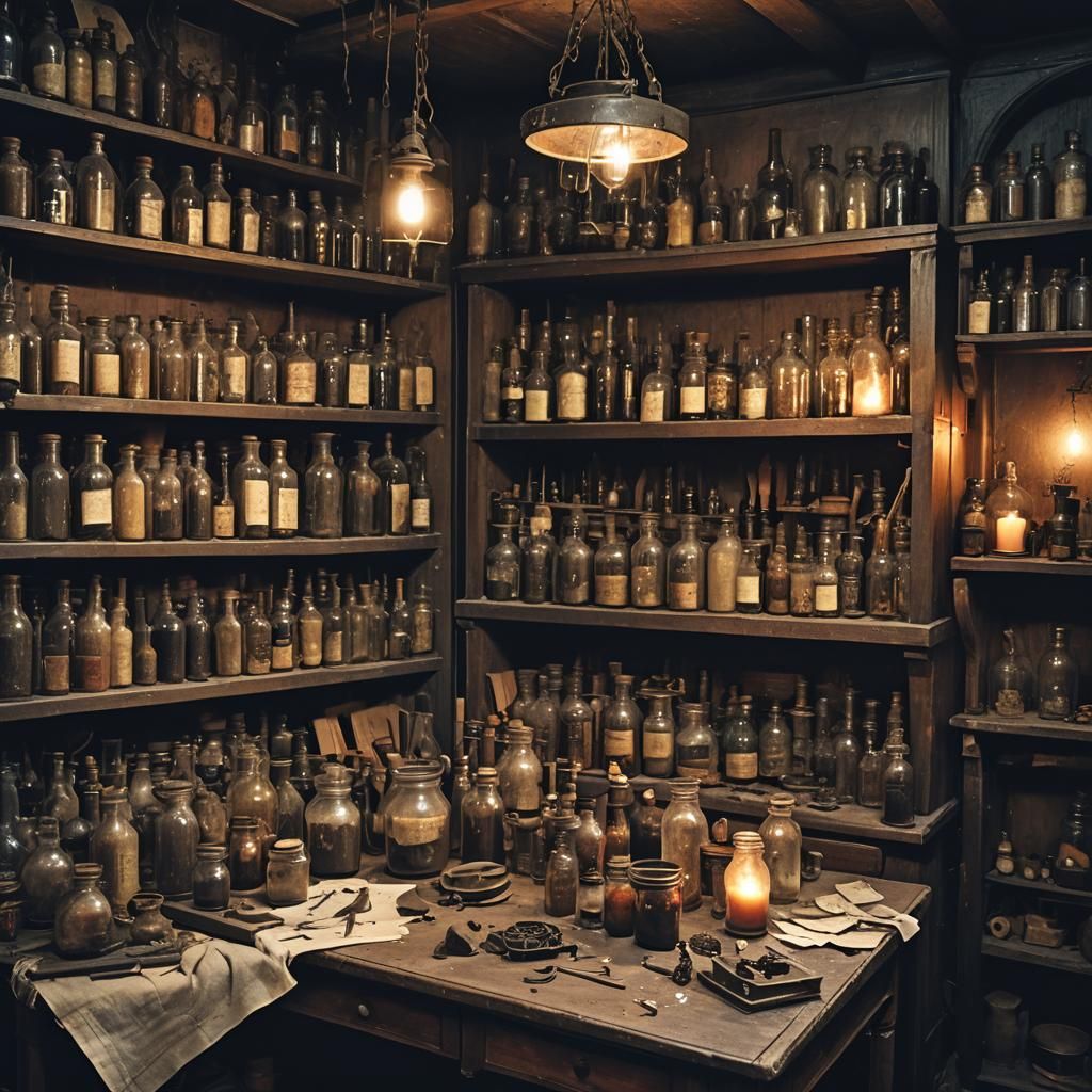 Eerie Gothic Alchemist's Workshop in Dim Candlelight