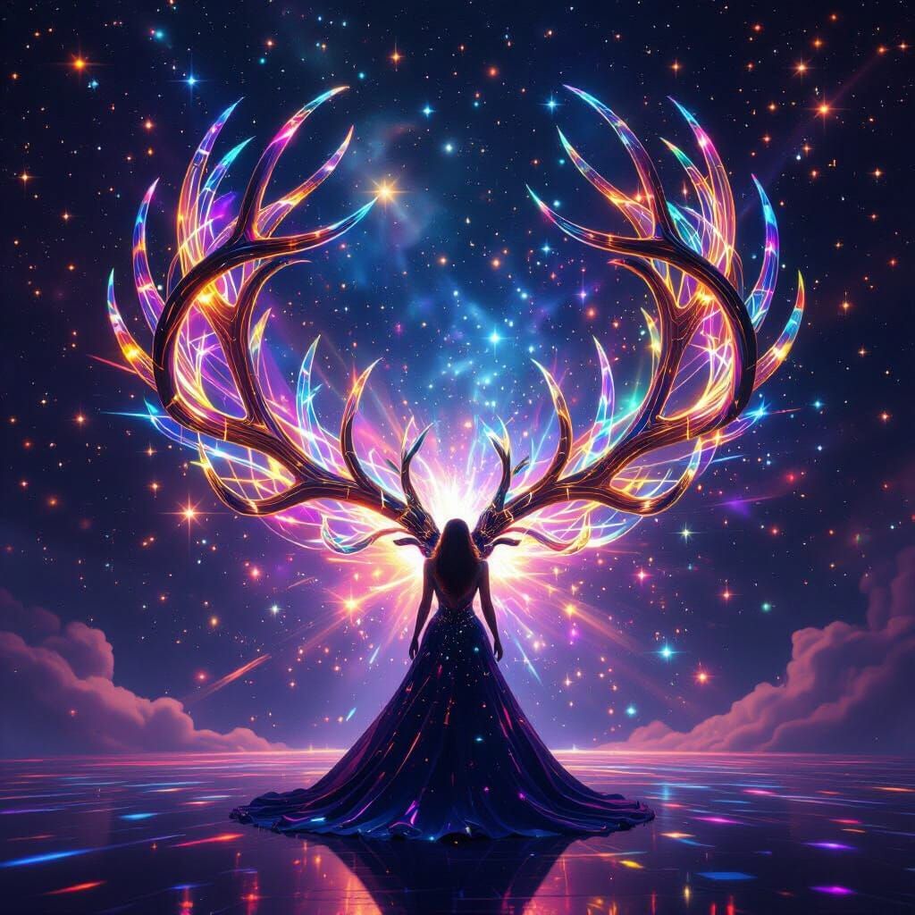 Psychedelic Laser Antlers Emanate from Woman in Cosmic Scene
