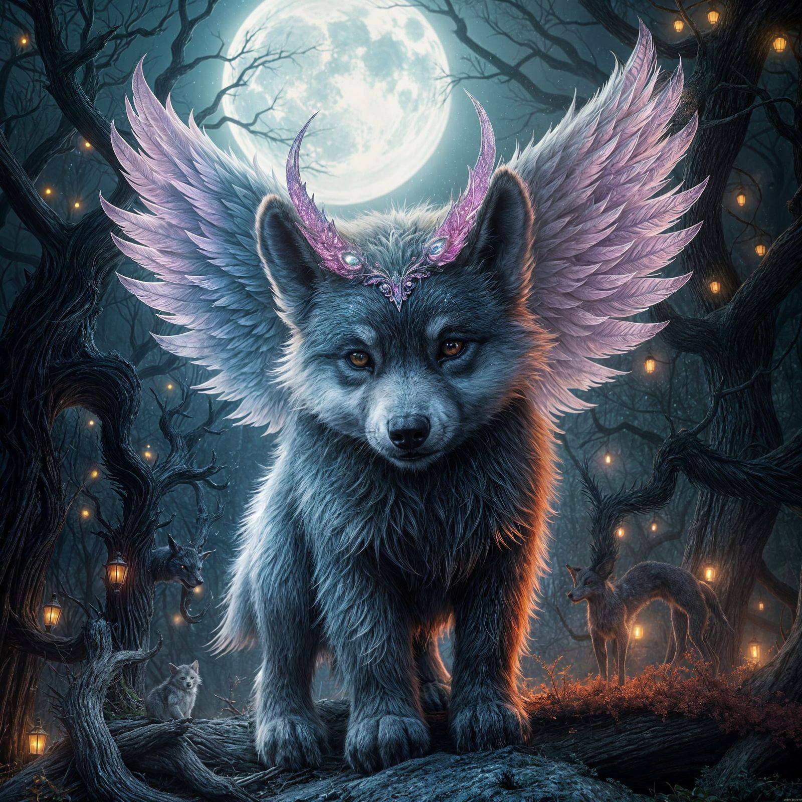Fantastical Wolf Pup Takes Flight Beneath the Full Moon