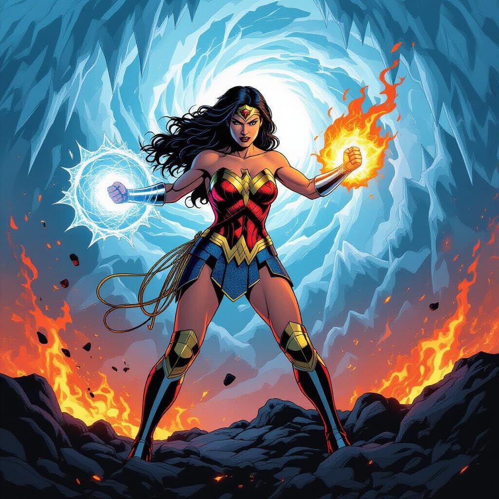 Wonder Woman Harnesses Ice and Fire Powers in Comic Art Styl...