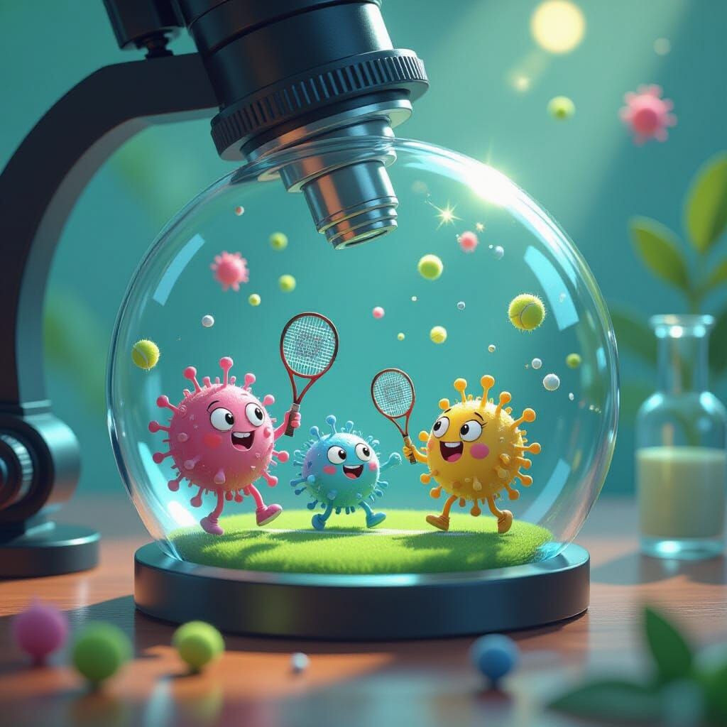 Whimsical Bacteria Playing Tennis Under Microscope Lens