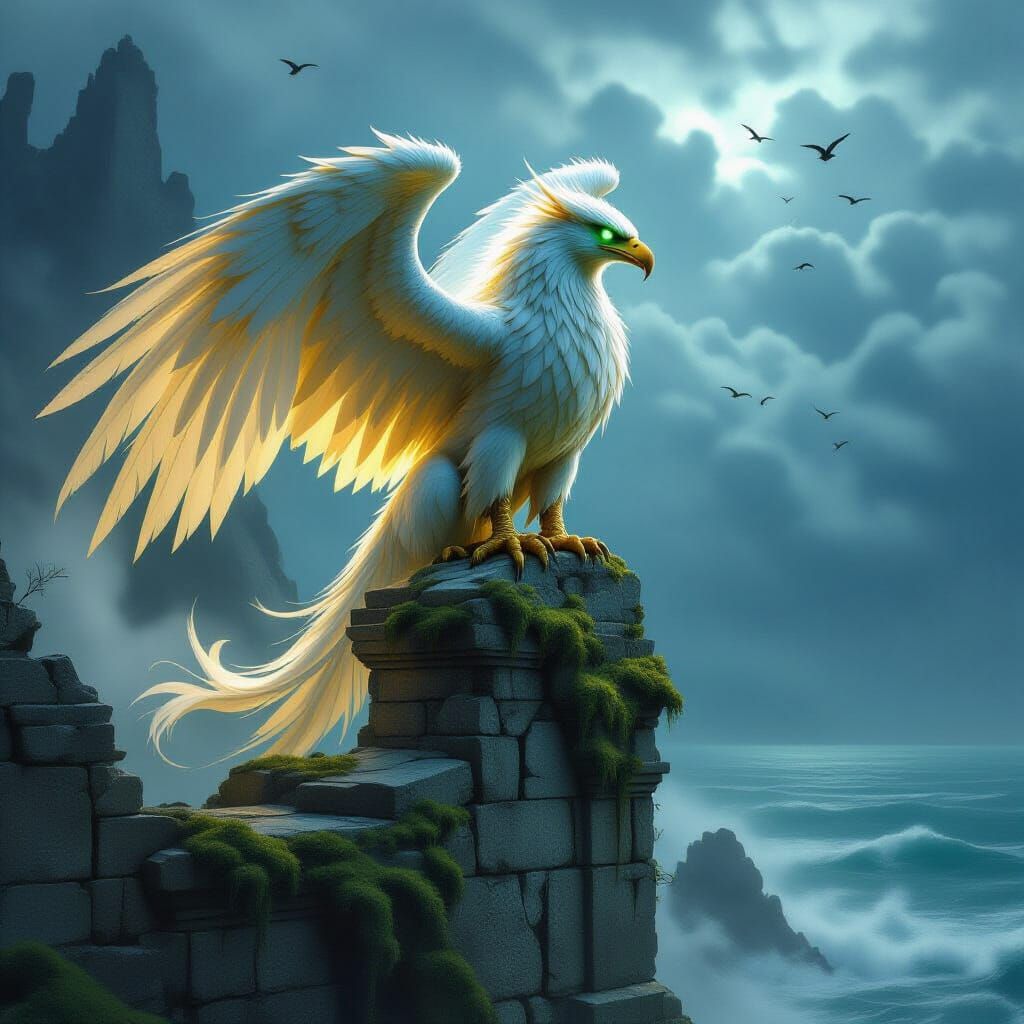 Majestic Griffin Overlooks Stormy Sea in High Fantasy Art