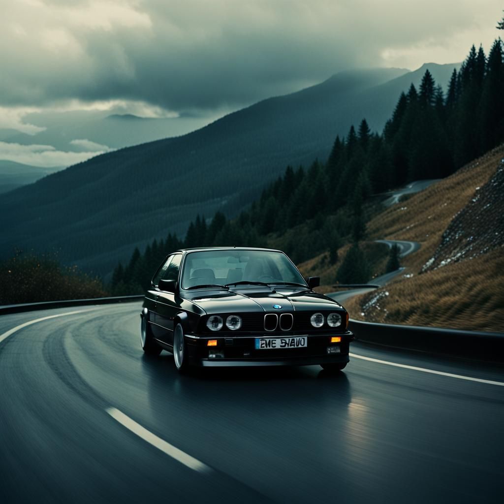 Black BMW E30 on Mountain Road in Autofiction Style