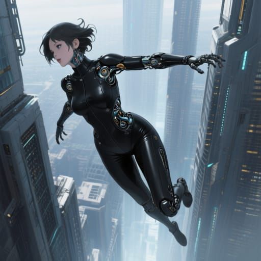 Female Cyborg Falling From Skyscraper in 3D Anime Style