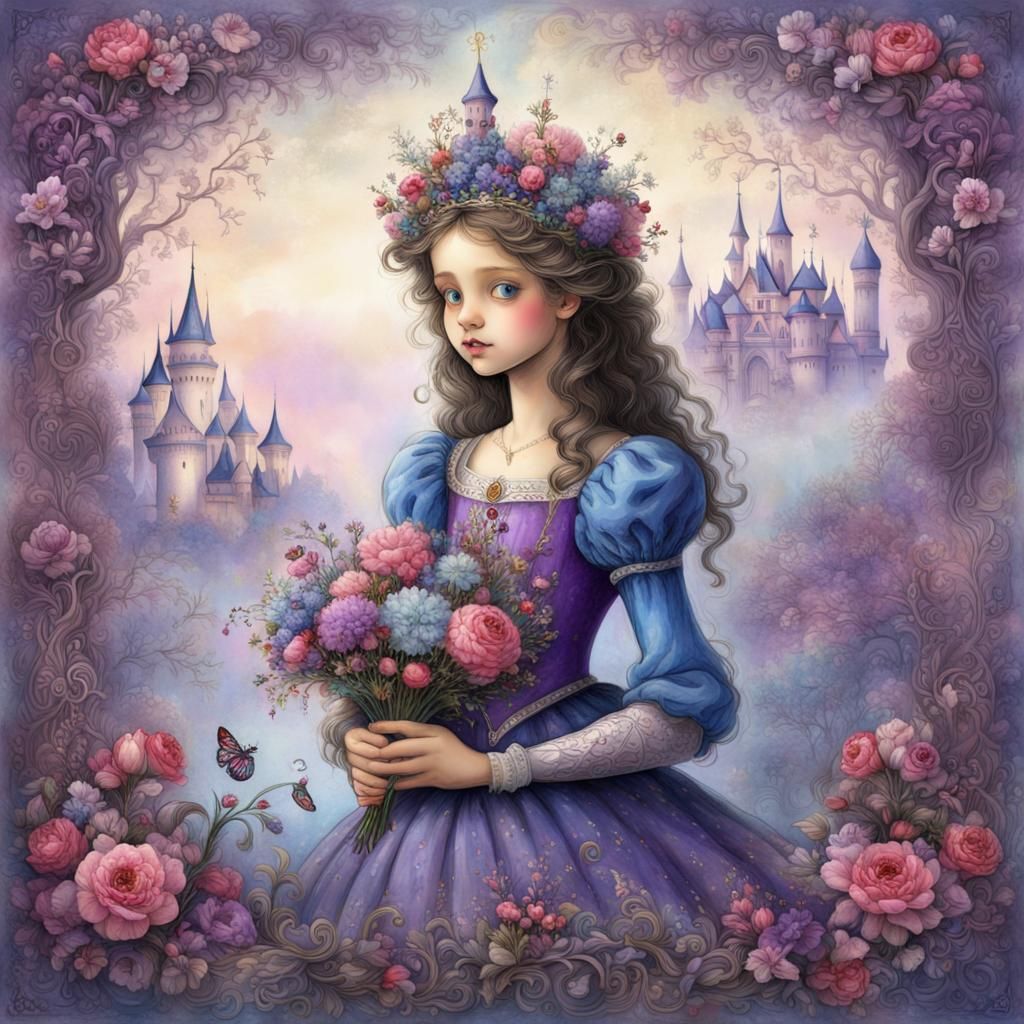 Fairytale Princess with Flowers in Storybook Illustration
