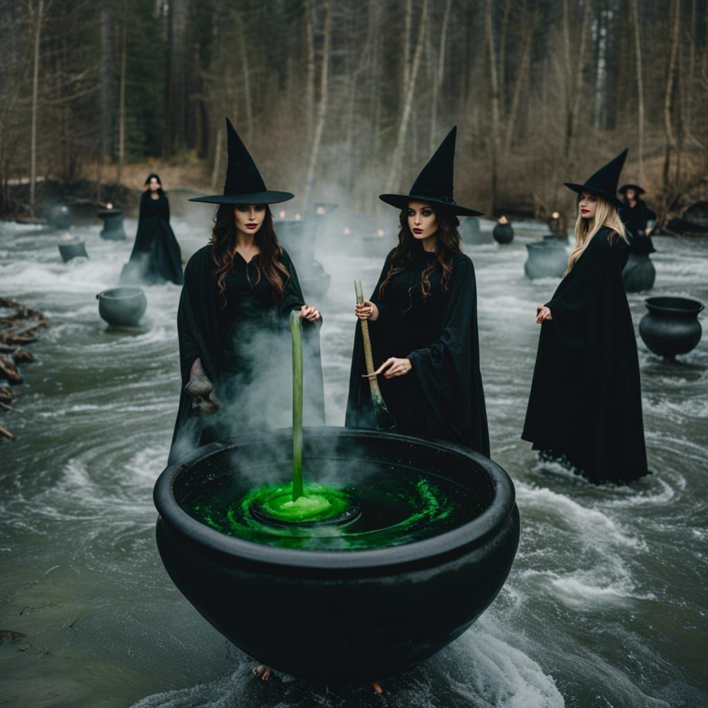 Witches Gather Around Bubbling Cauldron: UHD Render