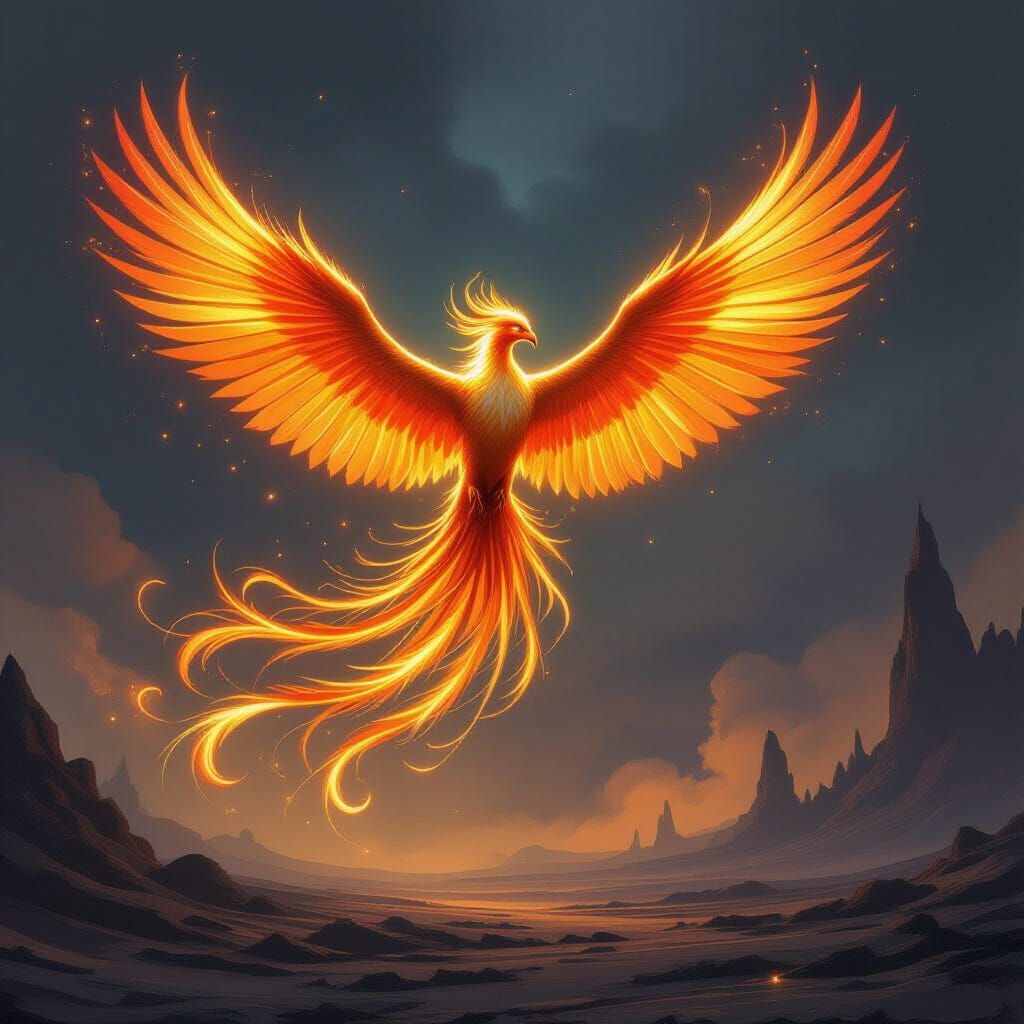 Regal Phoenix of Divine Light in Fantasy Landscape