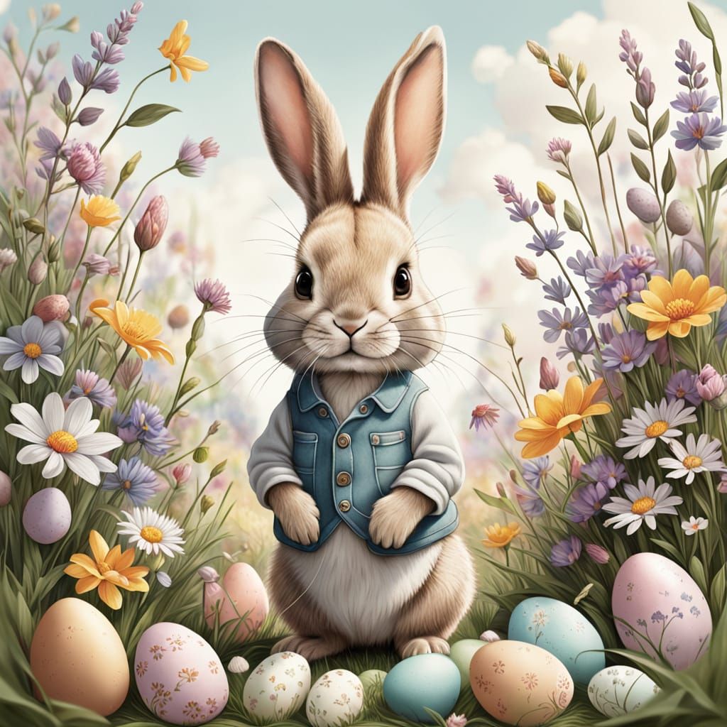 Whimsical Beige Bunny in Easter Egg Wonderland