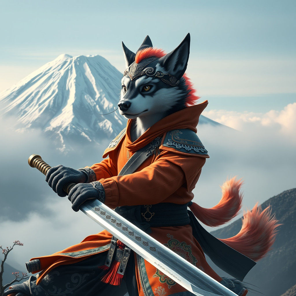 Humanoid Canine Training with Katana on Mount Fuji