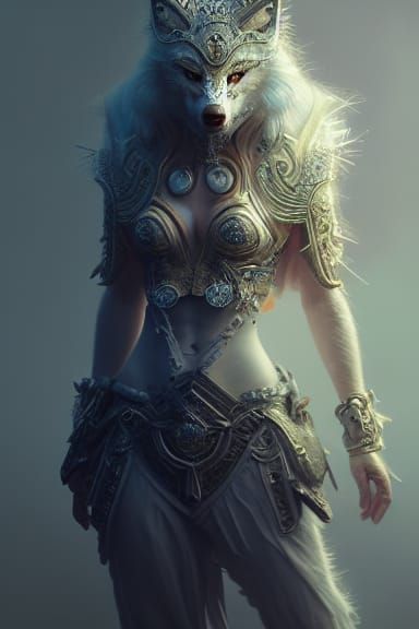 Hyperdetailed White Wolf Warrior Woman Fantasy Art