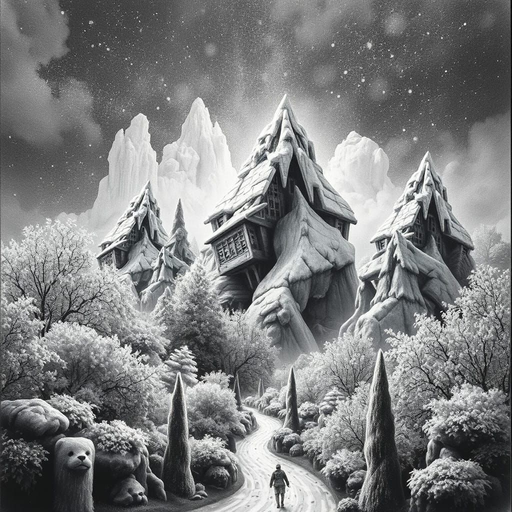 Surreal Charcoal Garden Blooms in Dark, Contrasting Light