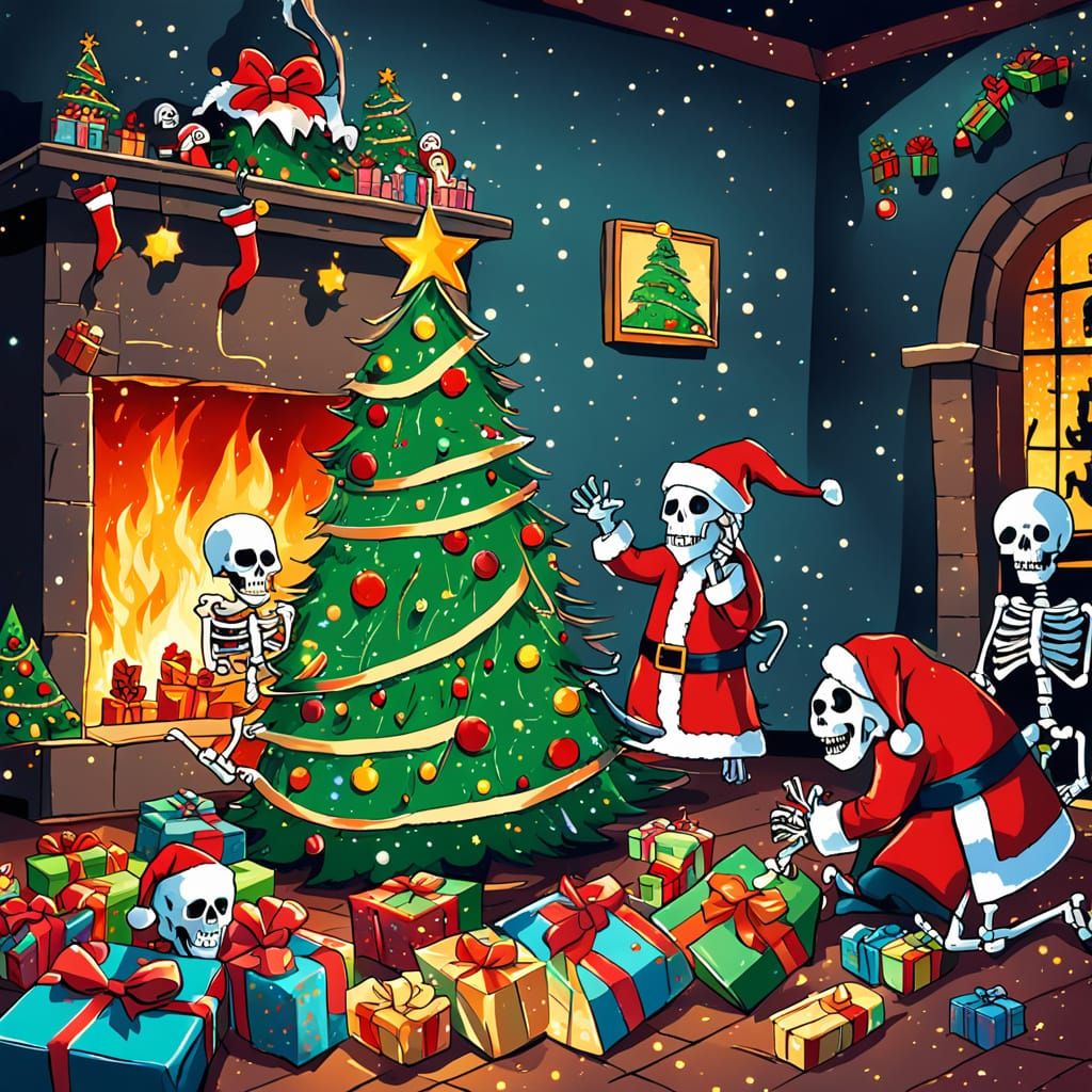 Horror Christmas Scene: Elf and Skeleton Santa