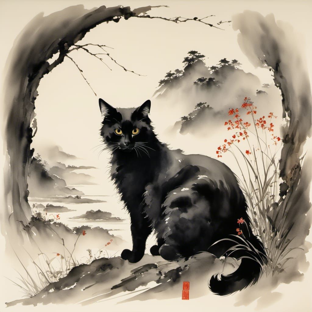 Minimalist Sumi-e Painting of Long-Haired Cat