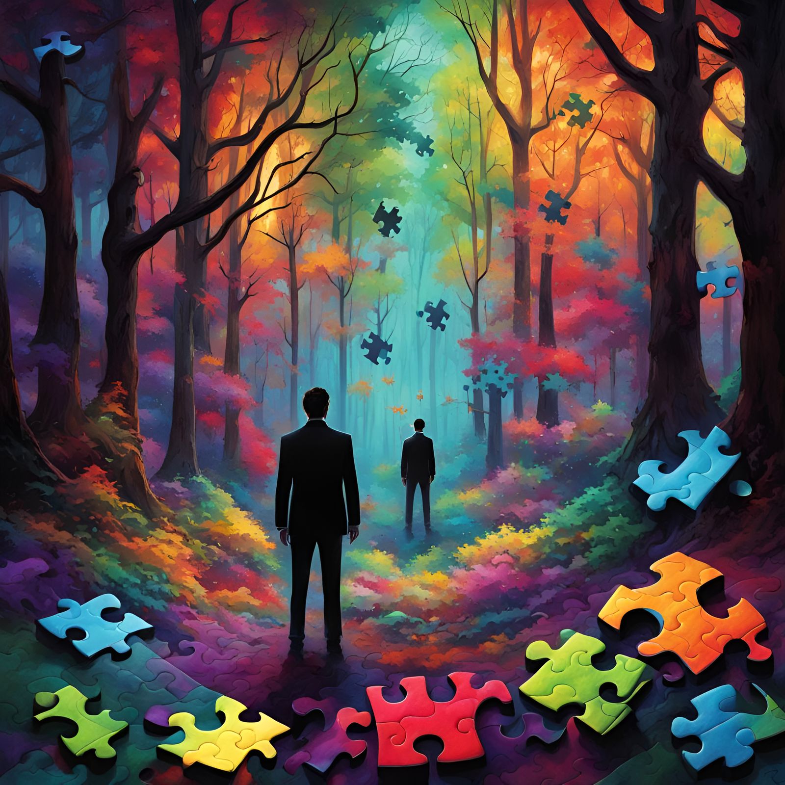 Jigsaw Puzzle Man in Vibrant Forest