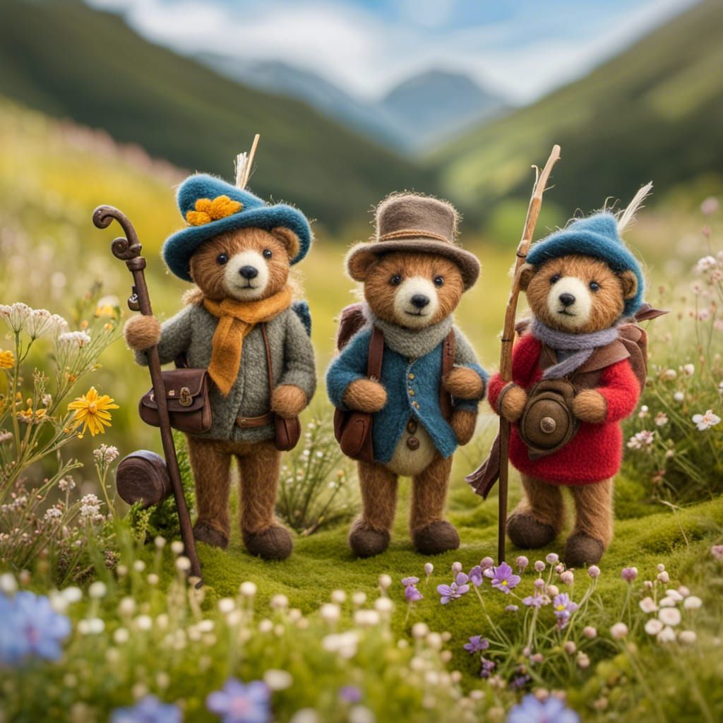 Teddy Bear Family Hike in Needle Felted Style