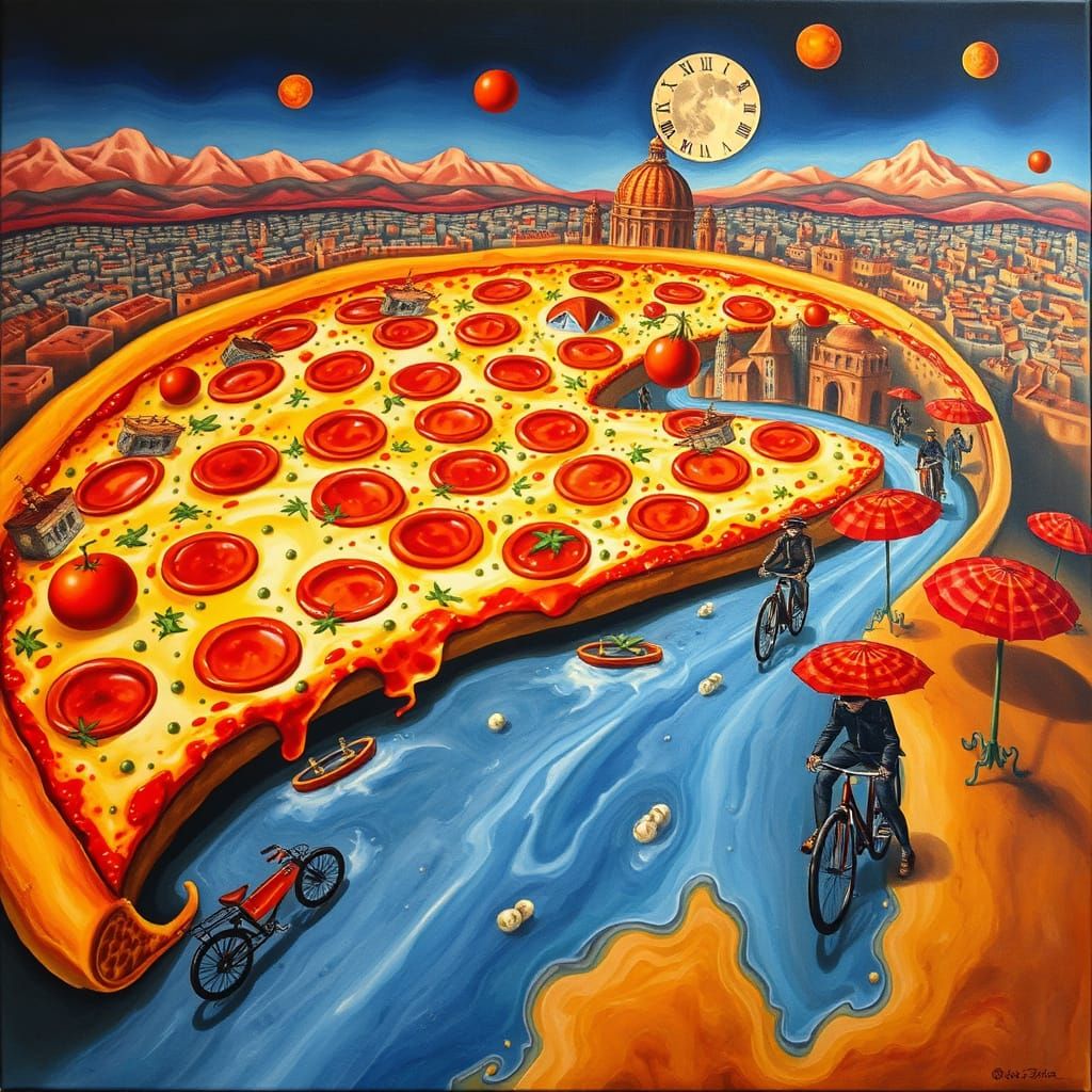 Surreal Pizza Cityscape in Salvador Dali Style