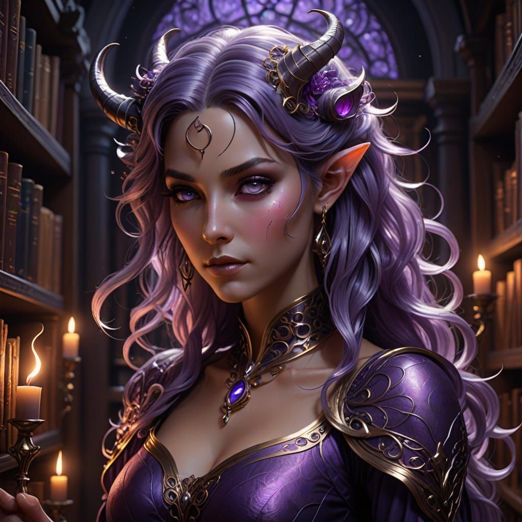 Sorceress of Lavender Whispers in a Library of Ancient Secre...