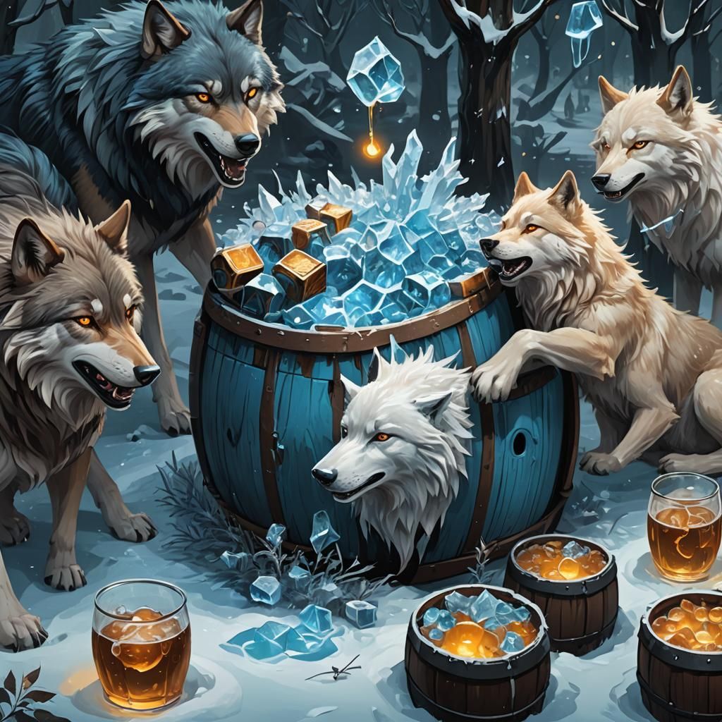 Frozen Wolves in Mystical Gardens: Fantasy Art