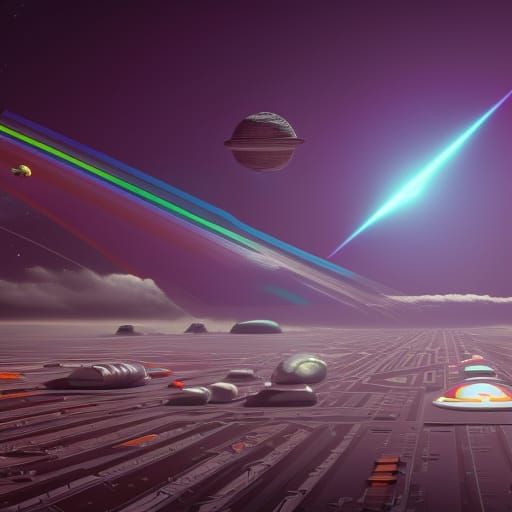 Futuristic Silver Cityscape with Robots and Spaceships