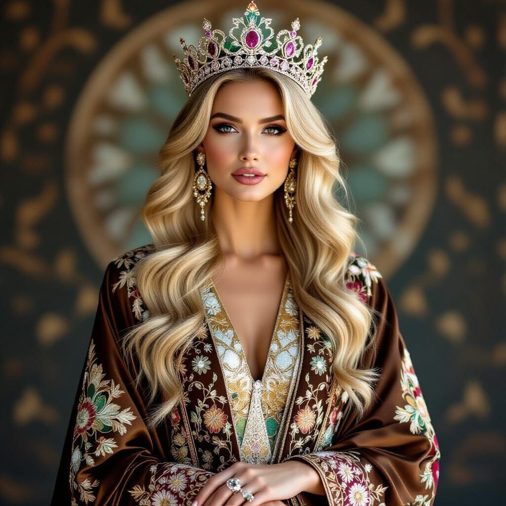 Regal Blonde Woman in Opulent Abaya, Art Nouveau Style
