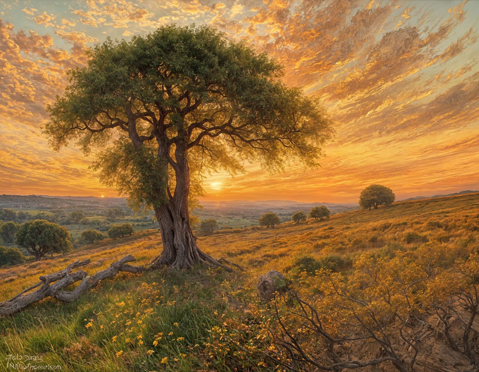 Weathered Tree Face at Sunset Landscape