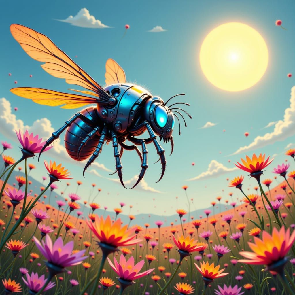 Bionic Bees in Futuristic Landscape Digital Matte Painting