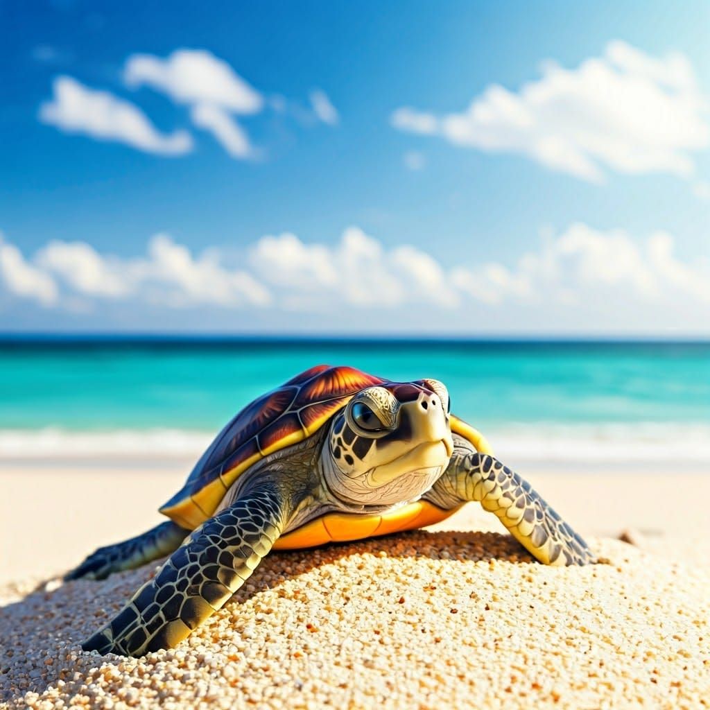 Tiny Turtle Emerges from Origami Sandcastle