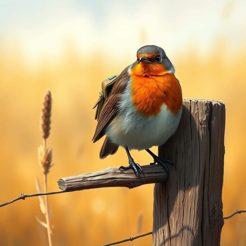 Robin with Backpack on Fence, Detailed Wildlife Art