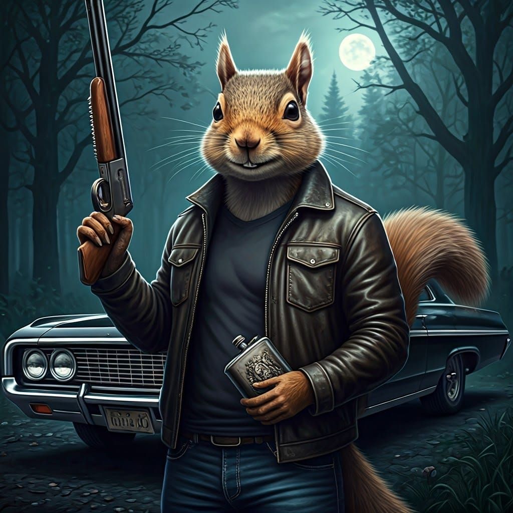 Surreal Squirrel Hero in Cyberpunk Gear, Holding Shotgun and...