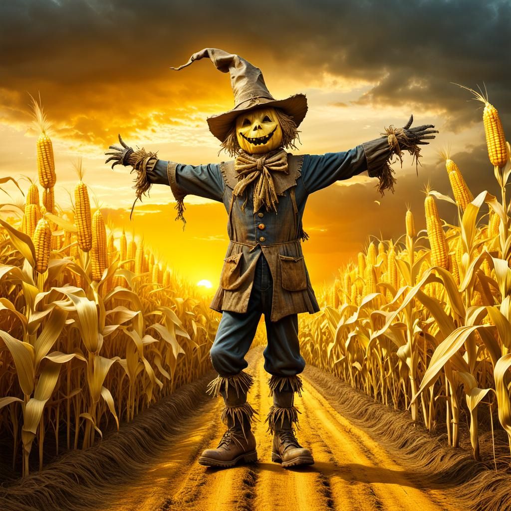 Scarecrow on Yellow Brick Road at Sunset