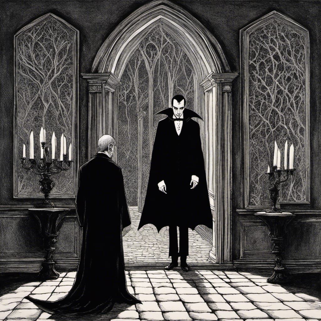 Dracula in Edward Gorey Style, Detailed and Atmospheric