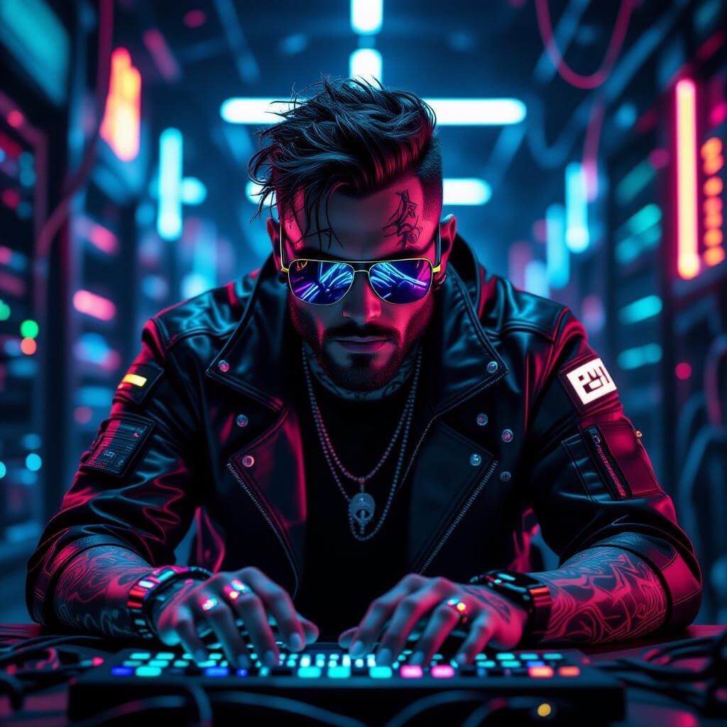 Cyberpunk Hacker in Neon-Lit Server Room