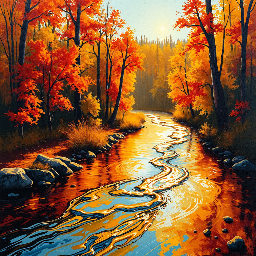 Autumn Forest with Chrome River as Impasto Painting