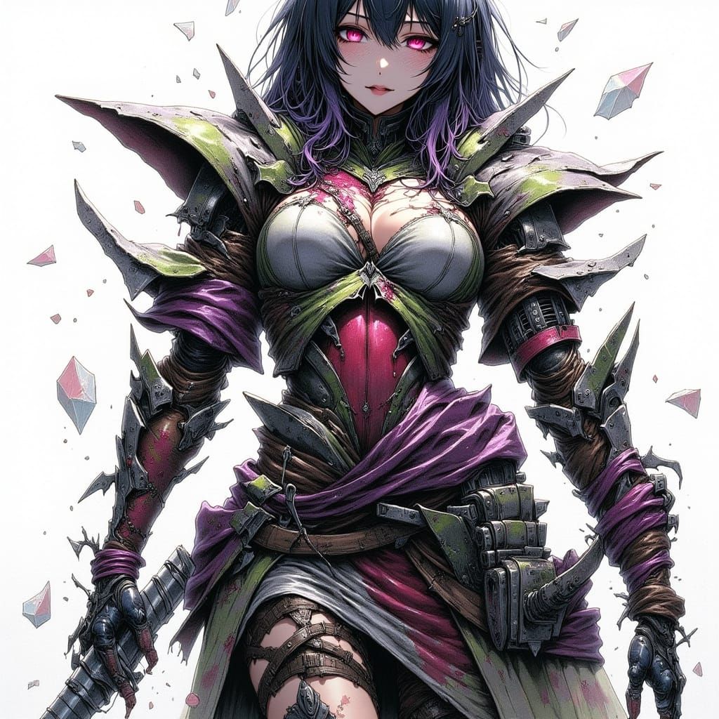 Exhausted Warrior Woman with Bio-Mecha in Dark Sci-Fi Citysc...